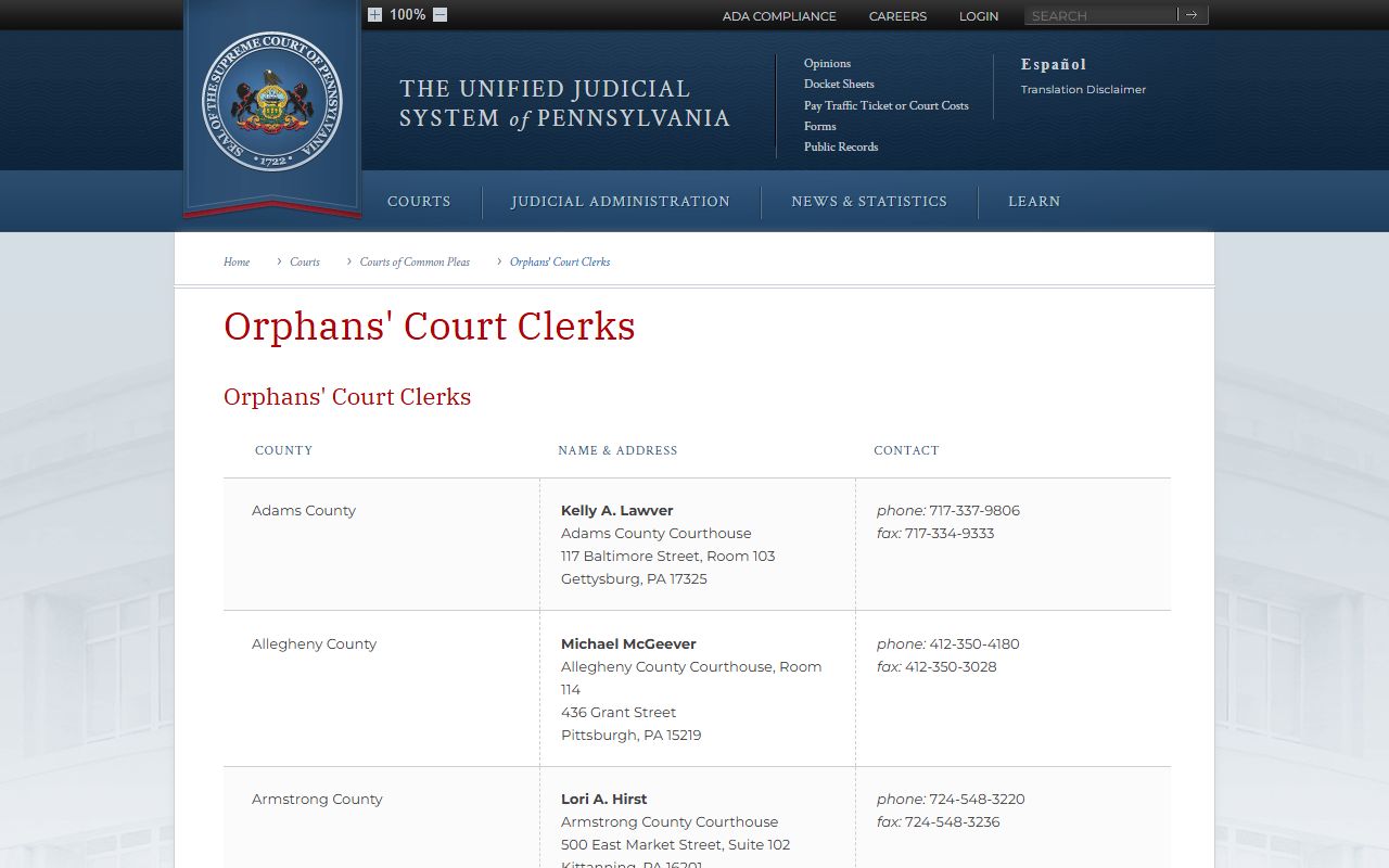 Armstrong County Orphans' Court statewide clerk listing
