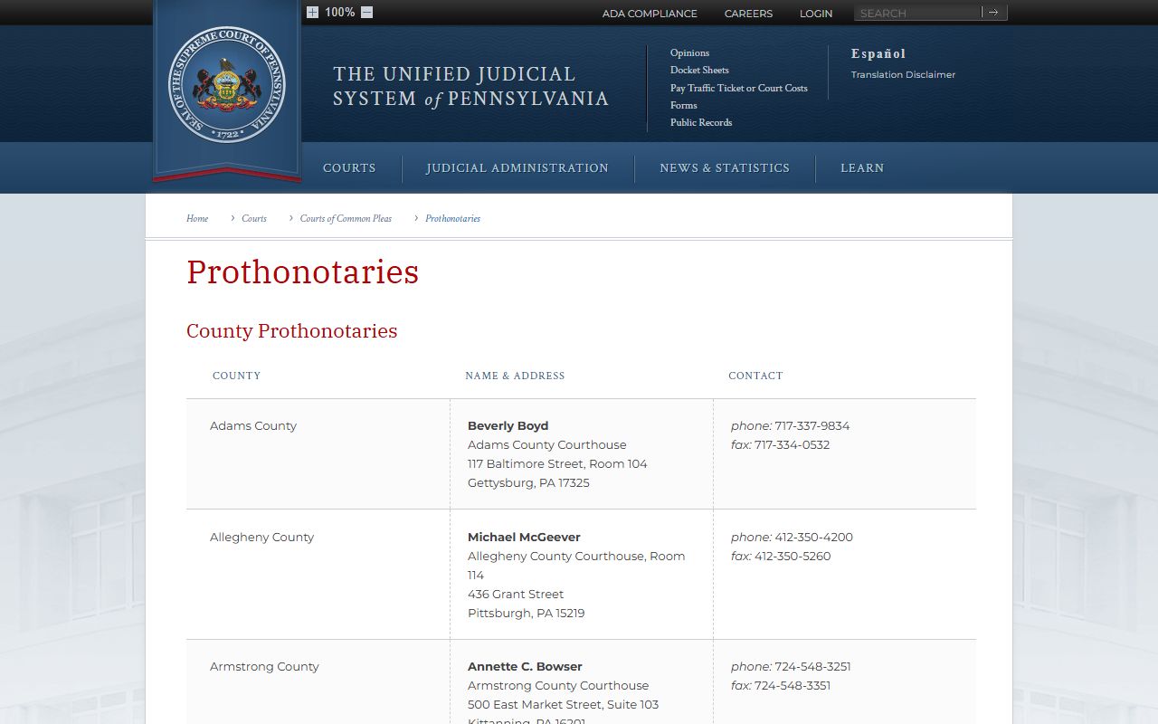 Armstrong County Prothonotary statewide prothonotary list