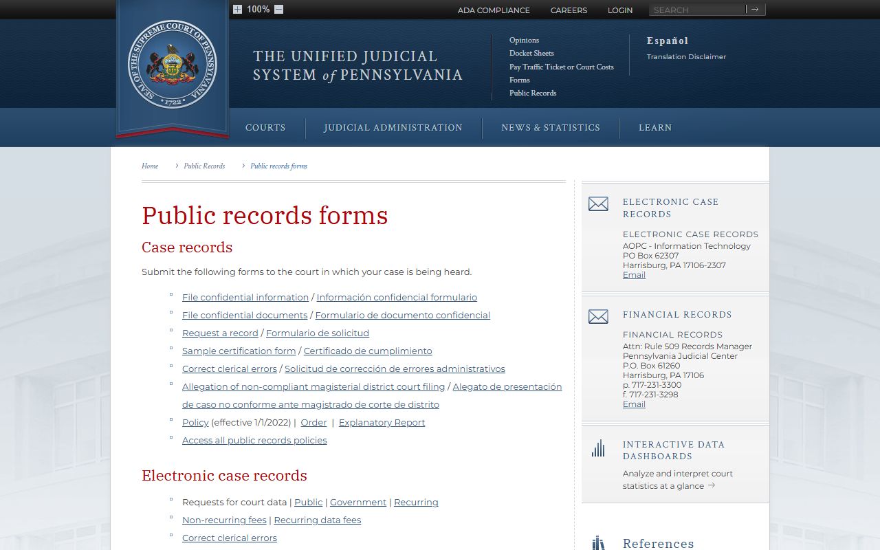 Armstrong County court records UJS public records request forms