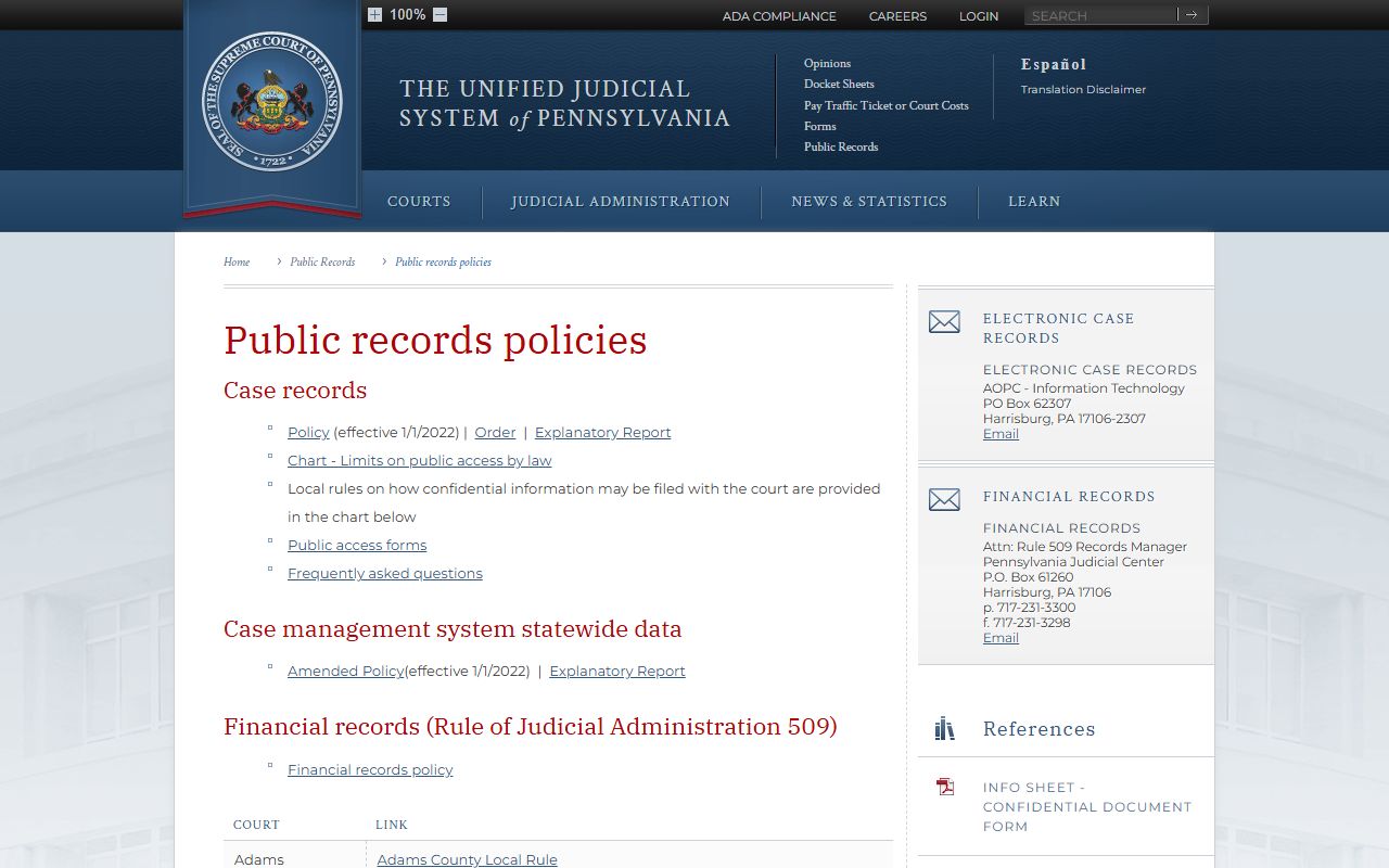Armstrong County court records UJS public access policy page