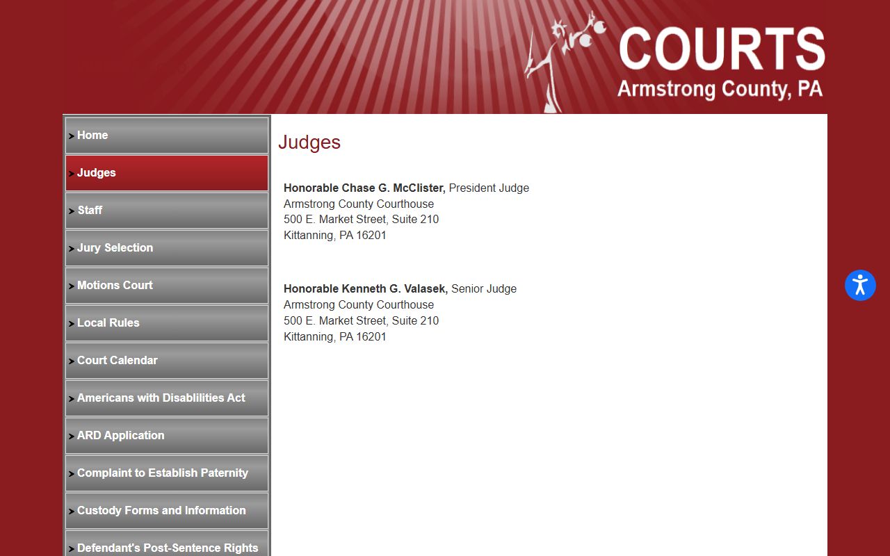 Armstrong County Court of Common Pleas judge records page