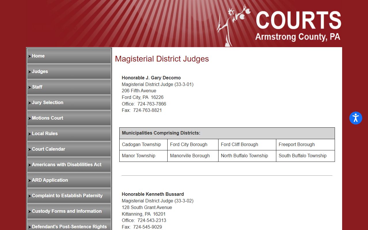 Armstrong County court records Magisterial District Judge list