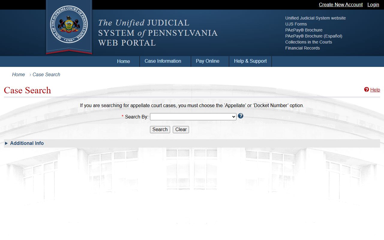 Armstrong County court records UJS case search screen