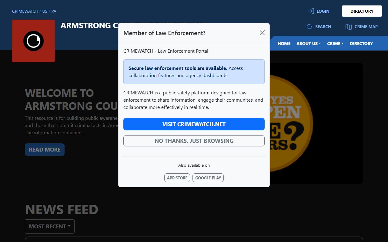 Armstrong County warrant records CRIMEWATCH landing page
