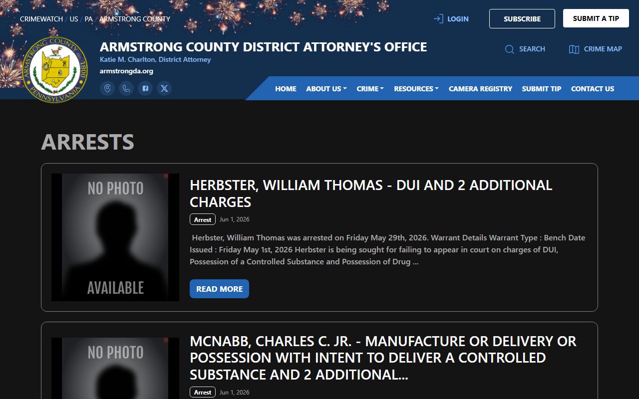 Armstrong County warrant records District Attorney arrest notices